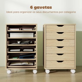 Bloco de Gavetas Móvel Arquivador com 6 Gavetas Suporte para Impressora com Rodas 40x35x63 cm Madeira