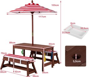 Conjunto de Mesa e 2 Bancos Infantis com Sombrinha, 89 x 44 x 50 cm, Arrumação Integrada, Vermelho