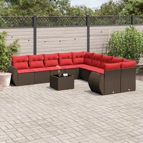 vidaXL 11 pcs conjunto sofás de jardim c/ almofadões vime PE castanho