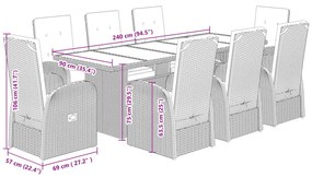 9 pcs conjunto de jantar p/ jardim c/ almofadões vime PE cinza