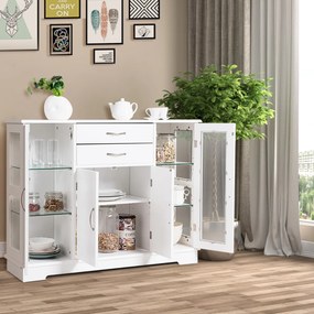 Aparador com Portas de Vidro Temperado com 2 Gavetas Organizador de Cozinha para Cozinha Jantar Sala de Estar 107 x 30 x 82 cm Branco