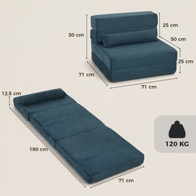 Sofá-cama dobrável 3 em 1, poltrona individual convertível em veludo acanalhado, bolsos laterais, almofada, azul