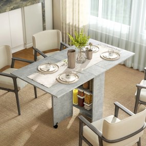 Mesa de Sala de Jantar Dobrável com 2 Prateleiras de Armazenamento (CADEIRAS NÃO INCLUIDAS) e Rodas para Cozinha 75x140x74 cm Cinza
