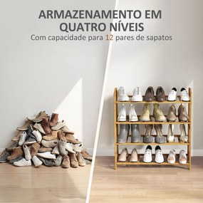 Sapateira de 4 Níveis Estante para Sapatos em Bambu para 12 Pares de Sapatos 67,5x24,7x72 cm Madeira