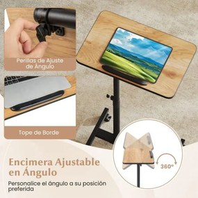 Mesa Auxiliar em Forma de C de Altura Ajustável com Tampo Inclinável Para Computador Giratória 360° para Espaços Pequenos Castanho