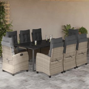 vidaXL 9 pcs conjunto de jantar p/ jardim c/ almofadões cinzento claro