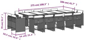 15 pcs conjunto jantar p/ jardim c/ almofadões vime PE cinzento