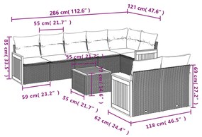 9 pcs conjunto de sofás p/ jardim com almofadões vime PE bege