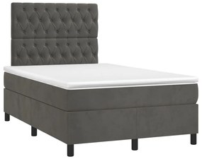 Cama box spring c/ colchão/LED 120x200cm veludo cinzento-escuro