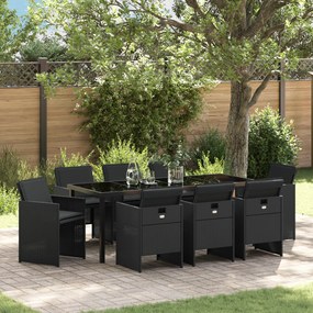 vidaXL Conjunto de Jantar para Jardim de 9 Peças com Almofadas - Rattan Poliéster Preto