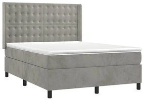 Cama box spring c/ colchão/LED 140x200 cm veludo cinzento-claro