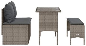 3 pcs conjunto de jantar p/ jardim c/ almofadões vime PE cinza