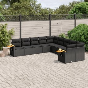10 pcs conjunto sofás de jardim c/ almofadões vime PE preto