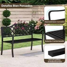 Banco de jardim em metal 54 x 128 x 89 cm com ripas para 2-3 pessoas com braços curvos Assento para varanda Piscina Preto