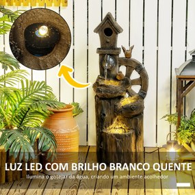 Fonte de Jardim 2 em 1 com Casa para Pássaros Fonte de Água com Luzes LED Bomba Fonte Decorativa com Troncos de Árvore Multicor