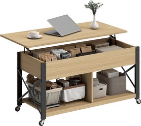Mesa de Centro Elevatória com Rodas Compartimento Oculto e Prateleiras Abertas 105x50x67 cm Madeira e preto