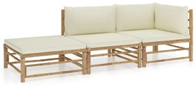 3 pcs conj. lounge p/ jardim em bambu c/ almofadões branco nata