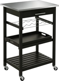 Carrinho de cozinha com prateleira para garrafas, 60L x 40P x 85A cm, tabuleiro em aço inoxidável. Preto