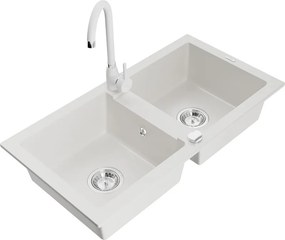 Mexen Mario lava-louça de granito de 2 cubas com torneira de cozinha Telma, branco - 6504-20-670200-20