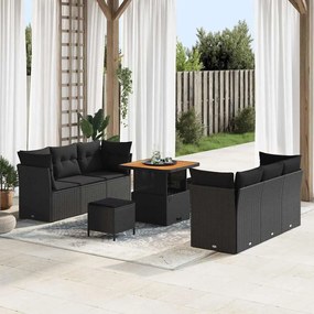 vidaXL Conjunto de Sofá para Jardim com 9 Peças e Almofadas Pretas em Rattan e Poliéster de Acácia.