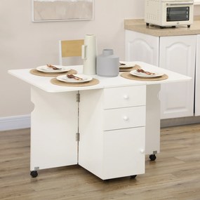 Mesa de Cozinha Dobrável com Laterais Dobráveis 6 Rodas e 2 Gavetas de Armazenamento 120x80x75 cm Branco