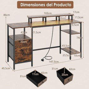 Secretária Gaming, 147,5 x 45,5 x 86 cm, Estação de Carregamento Integrada, Castanho