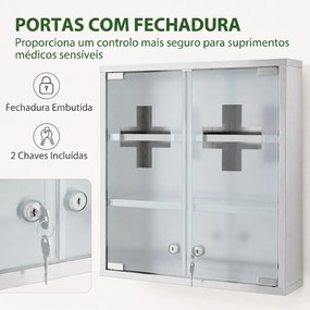 Armário de Medicamentos de Parede com Fechadura Portas de Vidro Prateleiras e 2 Chaves para Casa de Banho e Cozinha 46x12x48 cm Prateado