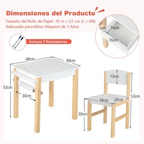 Conjunto de mesa e cadeira de arte para crianças Secretária e cadeira de desenho com pernas de madeira maciça Gaveta Rolo de papel 2 canetas marcadora