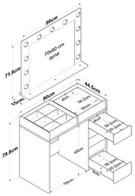 Toucador "Lucentezza" com Espelho e Luzes - 90 x 79,8 x 44,5 cm - Bran