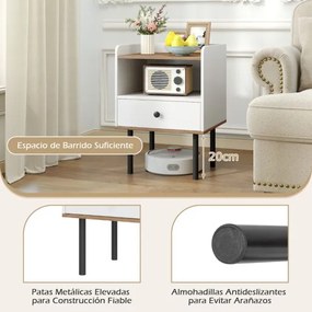 Conjunto de 2 mesas de cabeceira 40,5 x 35 x 56 cm com gaveta e prateleira aberta, pernas de metal, mesa auxiliar compacta para sala ou quarto, branca