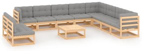 11 pcs conjunto lounge de jardim c/ almofadões pinho maciço
