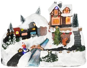 Cidade Natalina Iluminada com Luzes LED Árvore de Natal Giratória Música e Trem Decoração de Natal 30x19x19,5cm Multicor