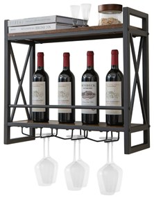 Garrafeira de parede metálica para garrafas de vinho para casa, bar e cozinha 60 x 20 x 55 cm Castanho