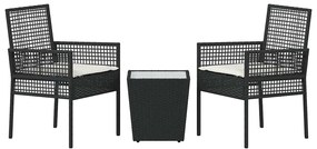 Conjunto de Bistro de Jardim 3 Peças com Almofadas Preto Rattan Sintét