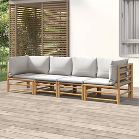 4 pcs conj. lounge de jardim bambu c/ almofadões cinzento-claro