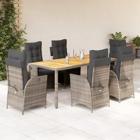 vidaXL 7 pcs conjunto de jantar p/ jardim c/ almofadões vime PE cinza