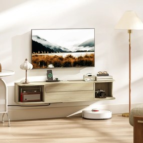 Móvel de TV suspenso para televisores de 50 polegadas 120 x 24 x 22,4 cm,, com gaveta, prateleiras e passadores de cabos com efeito de madeira natural