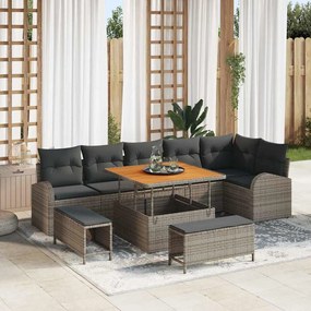 Conjunto de Sofá de Jardim vidaXL 9 Peças com Almofadas Cinza Vime de Polietileno Acácia