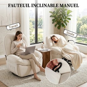 Poltrona reclinável em tecido felpudo, poltrona de relaxamento giratória a 360°, assento largo, bolsos laterais, creme