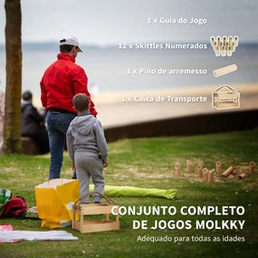 Jogo de Bowling Finlandês em Madeira com 12 Pinos 1 Bastão e Caixa de Transporte para Adultos Jardim Madeira