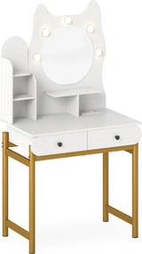 Toucador com espelho e luzes 80 x 50 x 150 cm em forma de gatinho com 3 modos de iluminação e brilho ajustável e 2 gavetas Branca