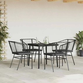 Conjunto de jantar jardim 5 peças almofadas vidro vime PE preto