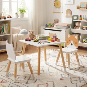 Conjunto de mesa e 2 cadeiras infantis de madeira multiusos para trabalhos manuais, leitura, aprendizagem e refeições Branco + Natural