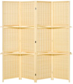 Biombo de 4 Painéis de Bambu Separador de Ambientes Dobrável com 2 Prateleiras Removíveis para Dormitório 180x180 cm Madeira