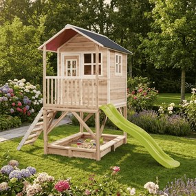 Casa de brincar infantil exterior para crianças Loft 500 em madeira com escorrega e caixa areia - natural