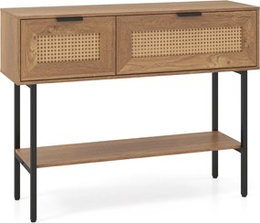 Mesa consola estreita em rattan PE 100 x 29,5 x 76 cm, com portas, prateleiras e estrutura metálica, para a sala de estar ou o hall de entrada Natural