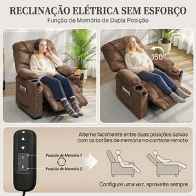 Poltrona Relax Reclinável Elétrico com Calor Lombar Massagem Vibratória Motor Silencioso Função Memória Bolsos e USB Castanho