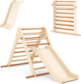 Conjunto de escalada triangular dobrável com escorrega para crianças e barras de madeira de faia Ginásio de interior Natural