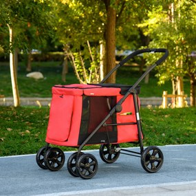 Carrinho de bebé dobrável 102 x 62 x 105 cm com motivos de animais (cão e gato), almofada incluída, rodas com travão, tecido Oxford 600D,  vermelho