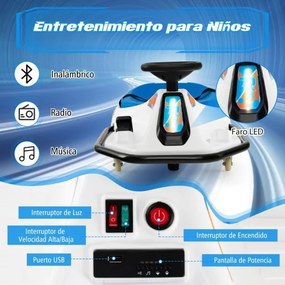 Carro Kart Elétrico de 24 V para Crianças com Viragem de 360°, Rádio USB e Sem Fios para Crianças a partir dos 3 Anos Branco + azul